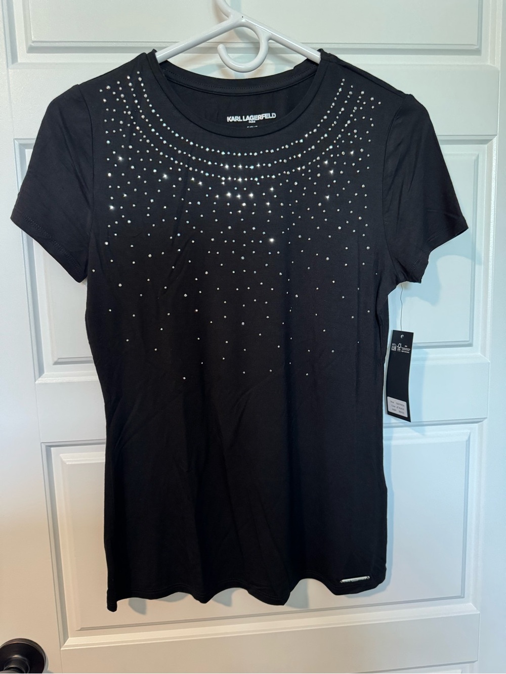 NWT Karl Lagerfield Paris Rhinestone T-Shirt, Black, Size Small